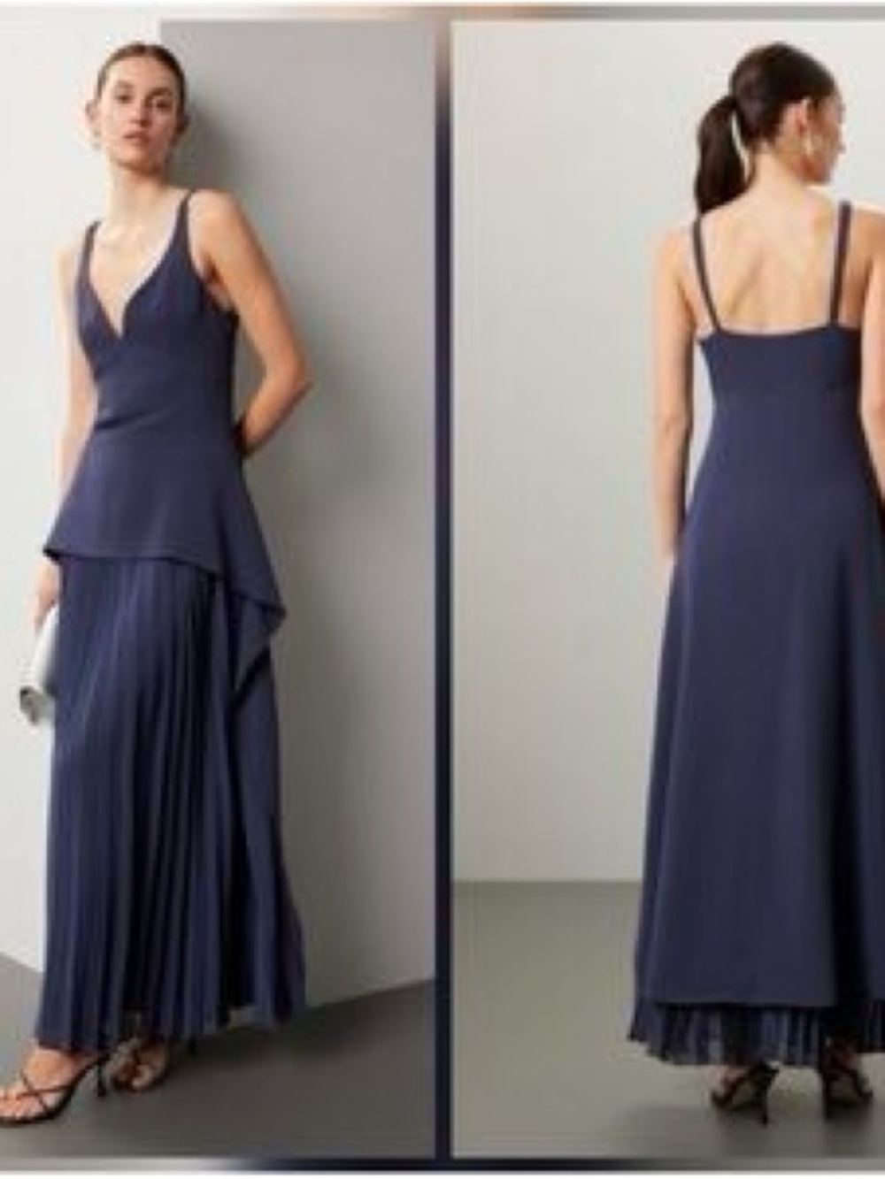 SIMKHAI Sequoia Navy Pleated Peplum Maxi Dress Size 2